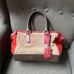 Furla Red Beige Brown Suede and Leather Satchel